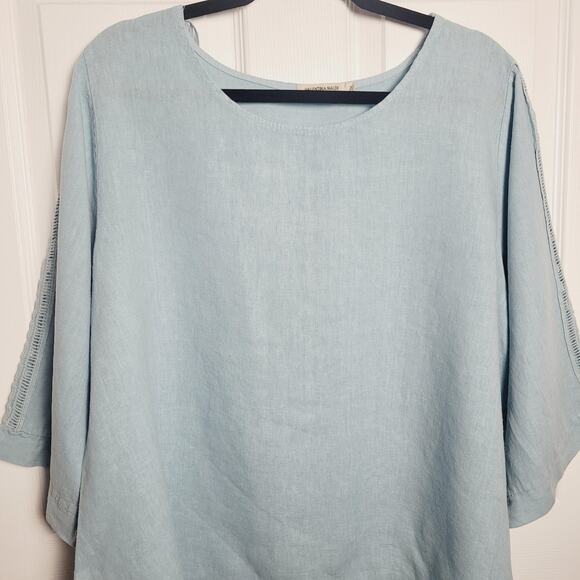 Valentina Naldi Shirt 1X Light Blue Linen Tunic Blouse Lace Trim Asymmetrical - Picture 2 of 10